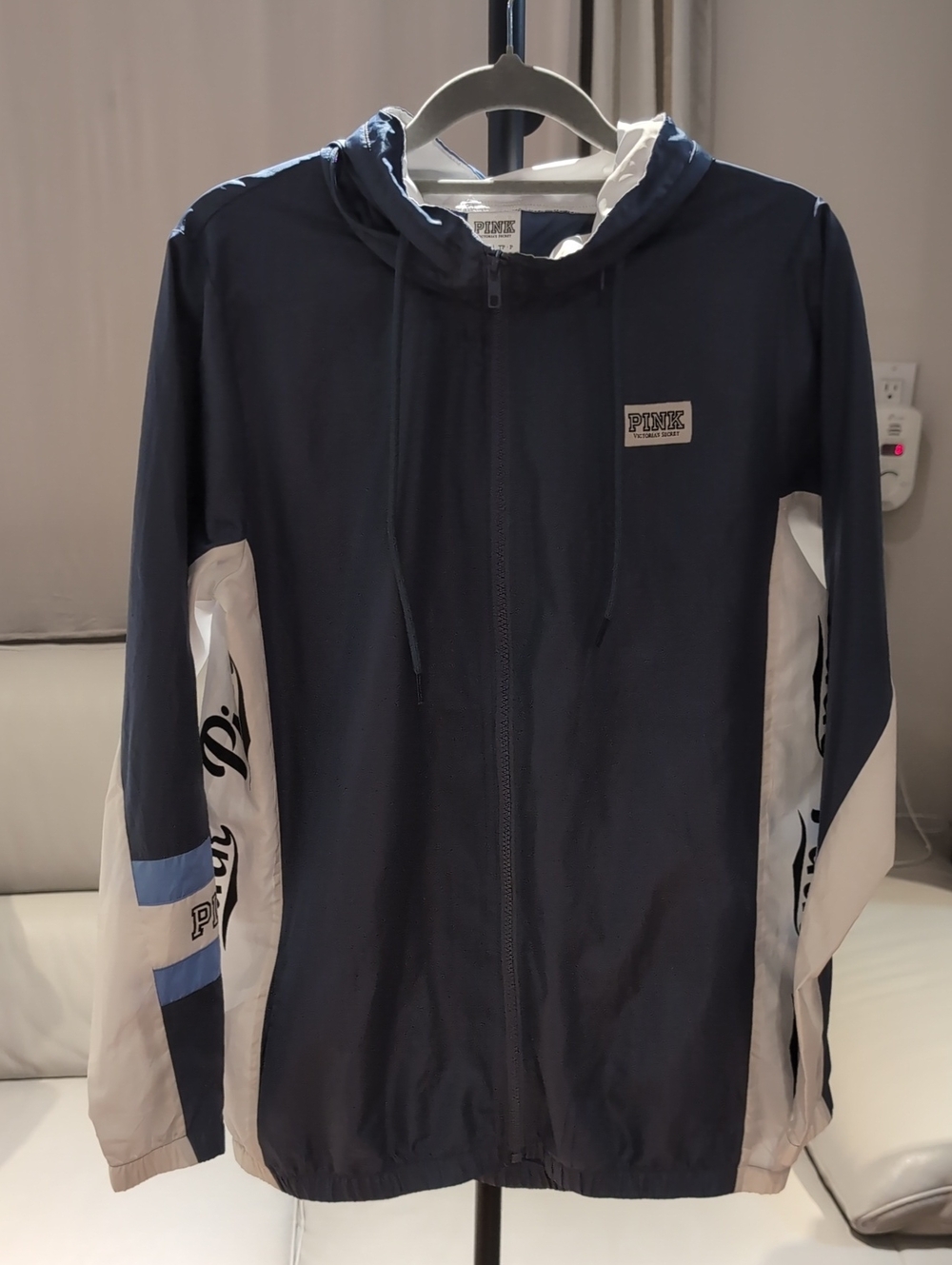 PINK Victoria's Secret Navy and White Hooded Windbreaker Jacket
